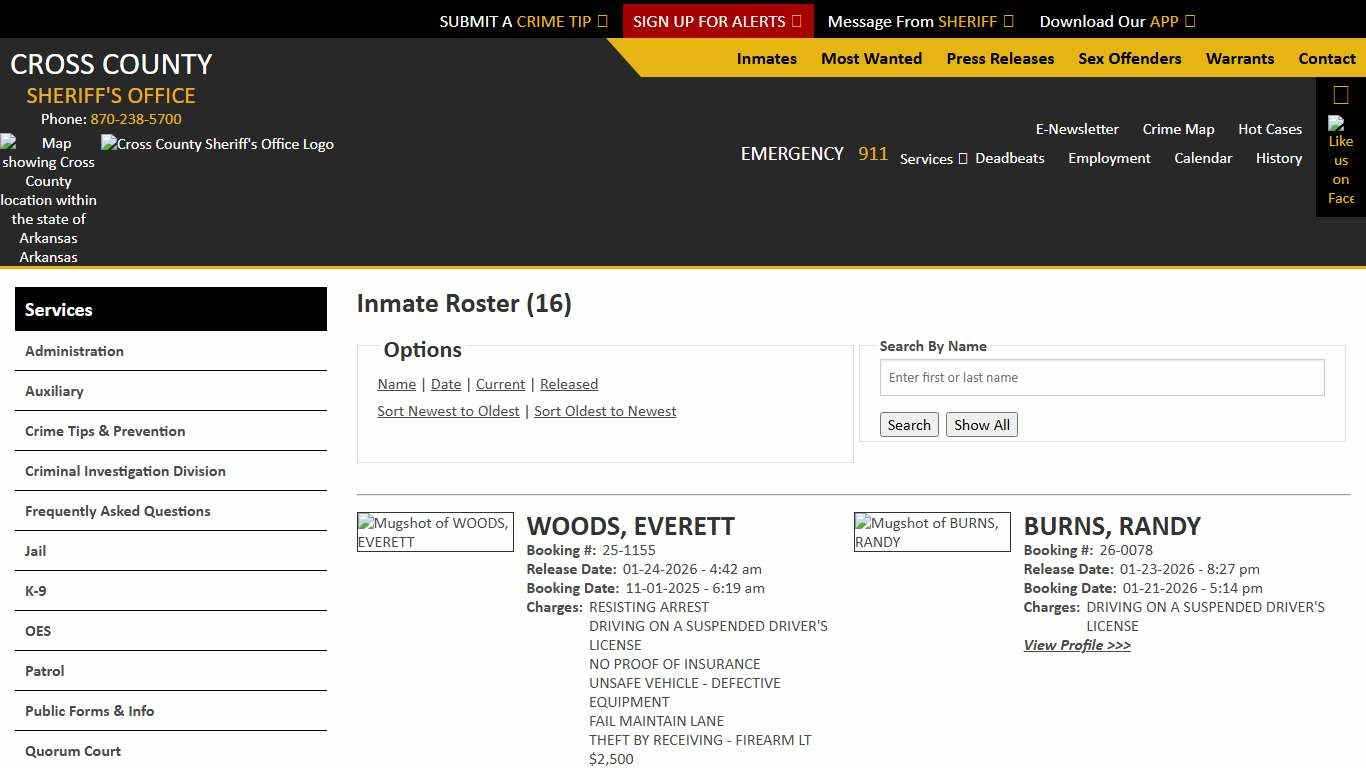 Inmate Roster - Released Inmates Booking Date Descending - Cross County Sheriff AR