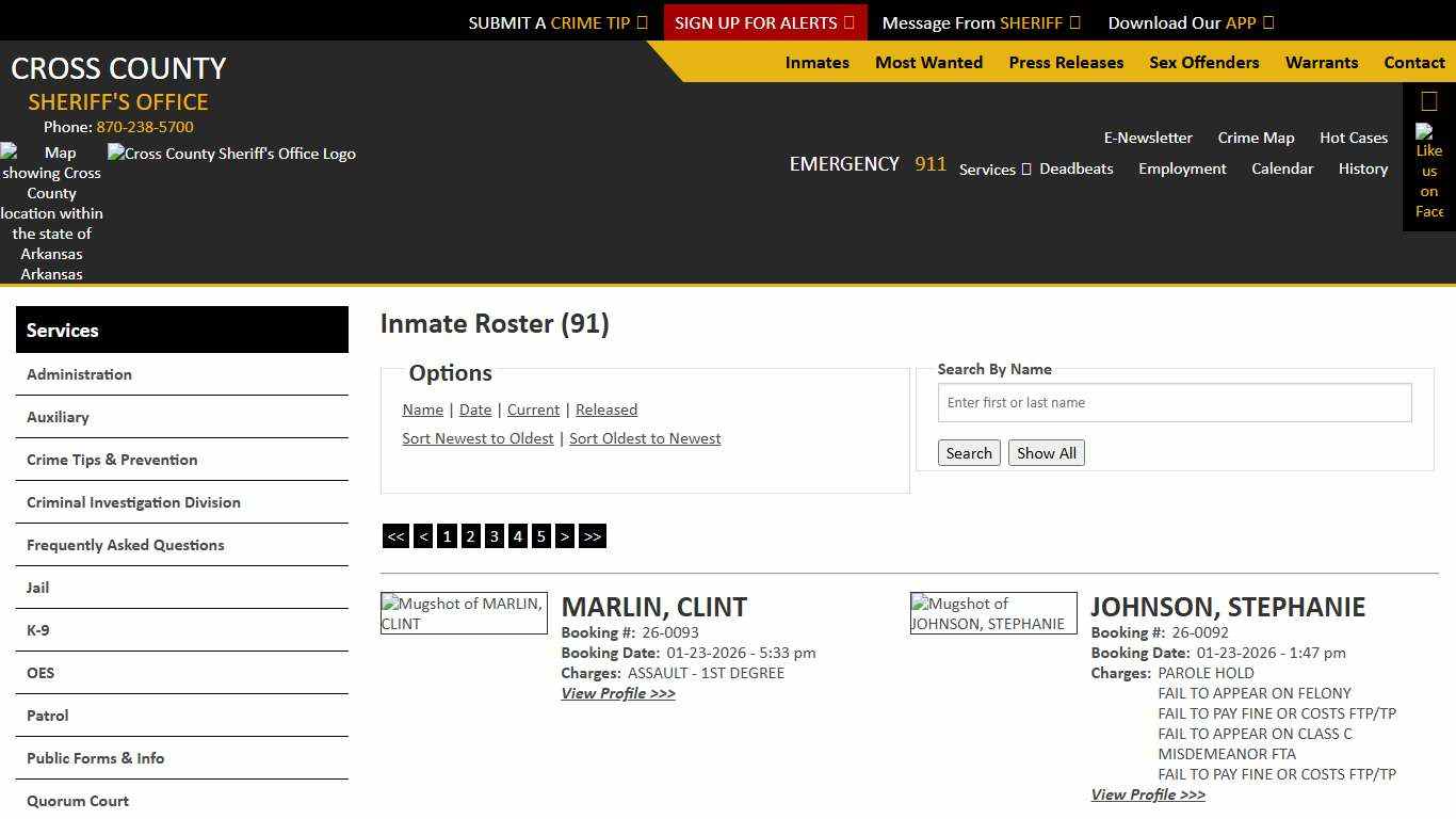 Inmate Roster - Page 0.65 Current Inmates Booking Date Descending - Cross County Sheriff AR