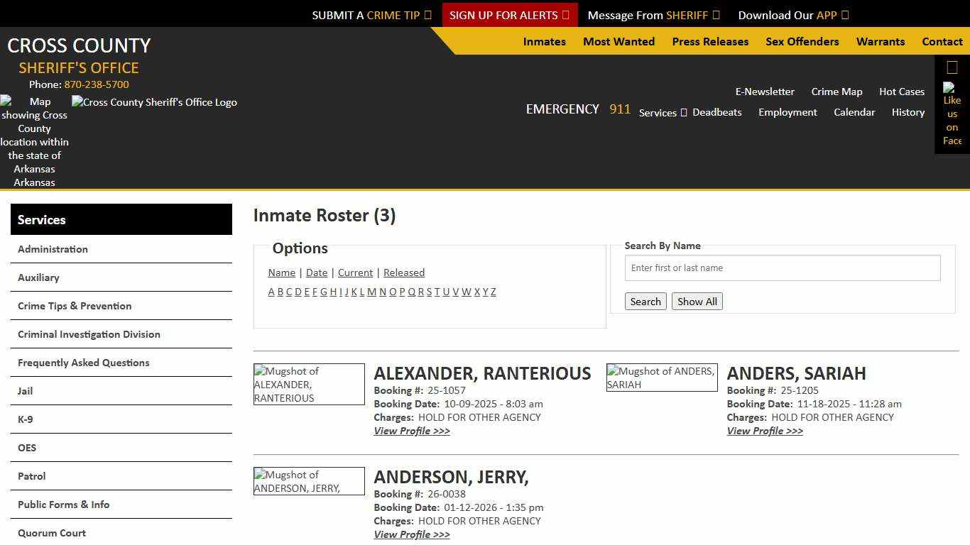 Inmate Roster - Current Inmates Alpha A - Cross County Sheriff AR